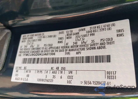 2019 Ford Escape Se z USA, uszkodzony, nr VIN 1FMCU9GD0KUA61306